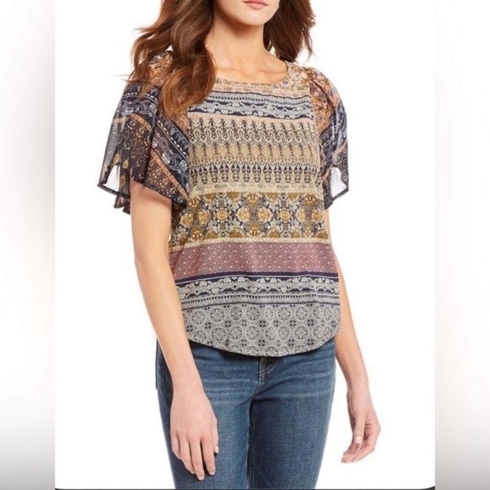 Lucky brand mixed media boho print keyhole back top size medium